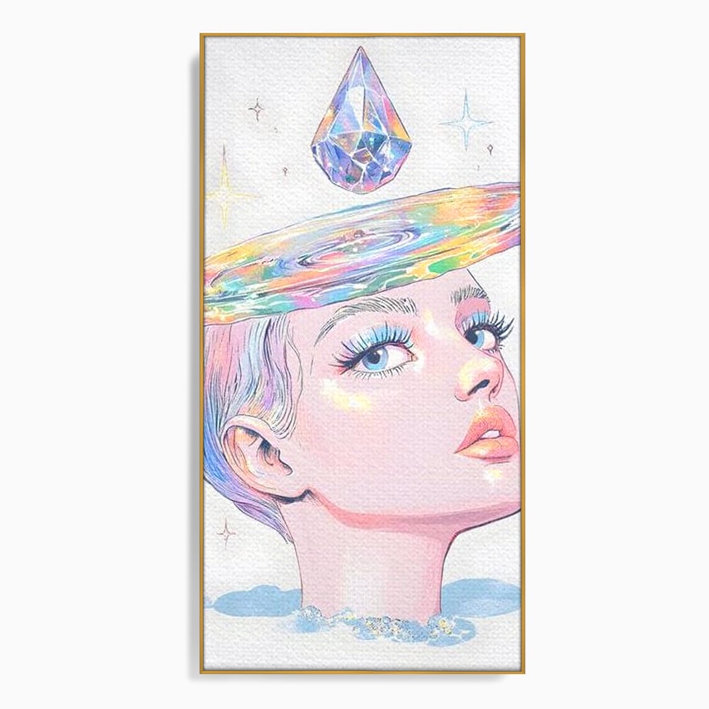 Tablou canvas cu ilustratie cu portret de femeie si galaxie, in rama de aluminiu auriu